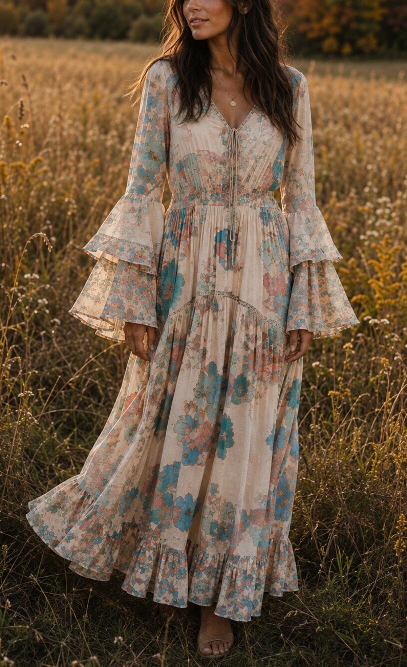 Free People Intimately Penny Printed Maxi Bodysuit Boho Floral Dress Size L